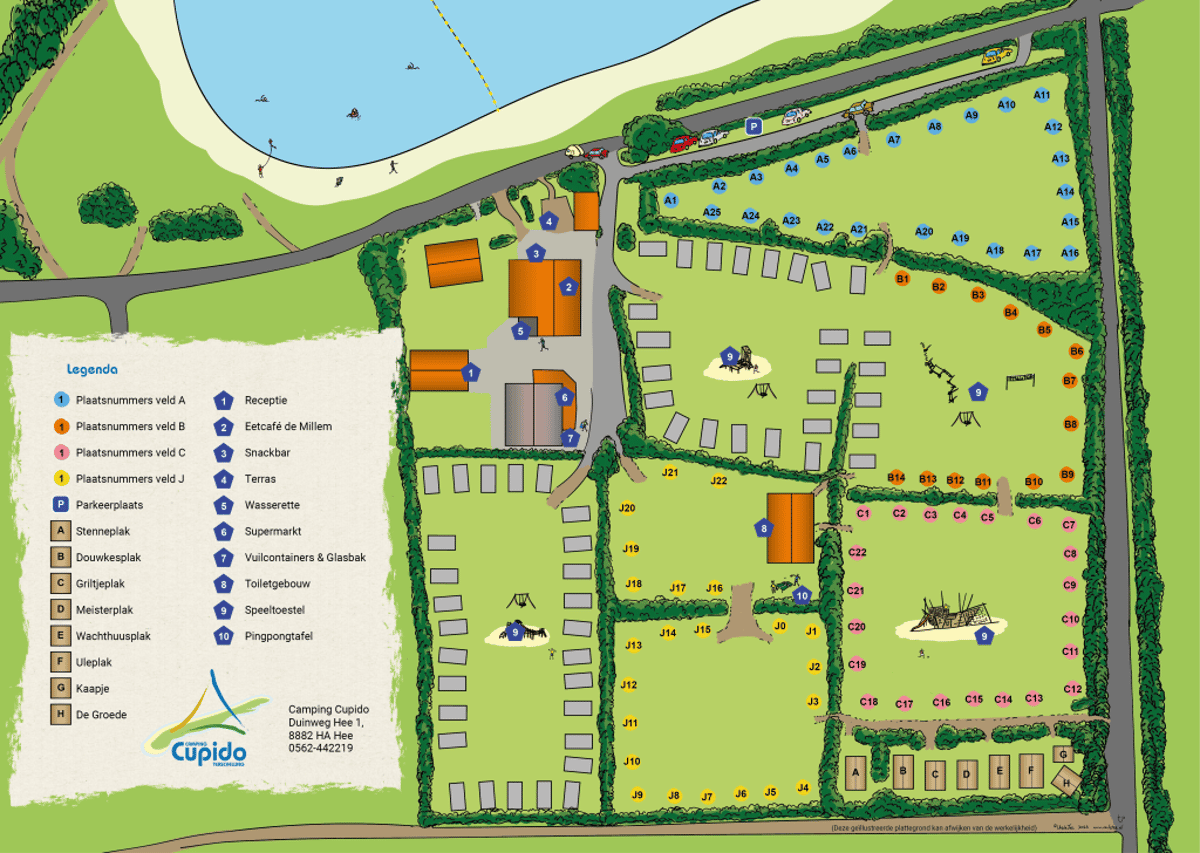 Plattegrond van camping aan water met kampeerplaatsen en voorzieningen
