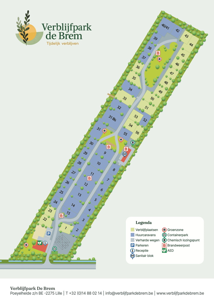 Plattegrond van Verblijfpark de Brem met genummerde plaatsen en legenda