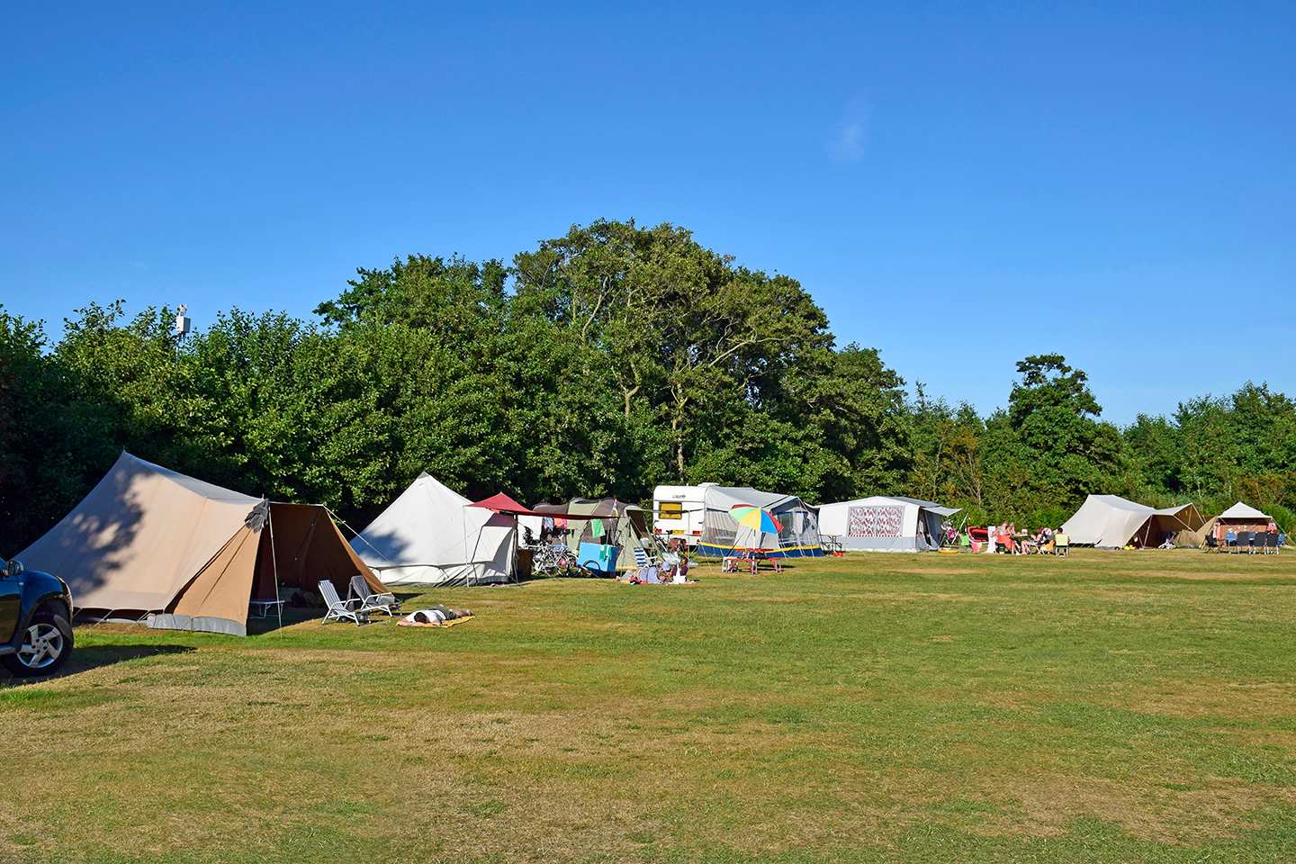 Tenten en caravans op een grasveld met bomen erachter