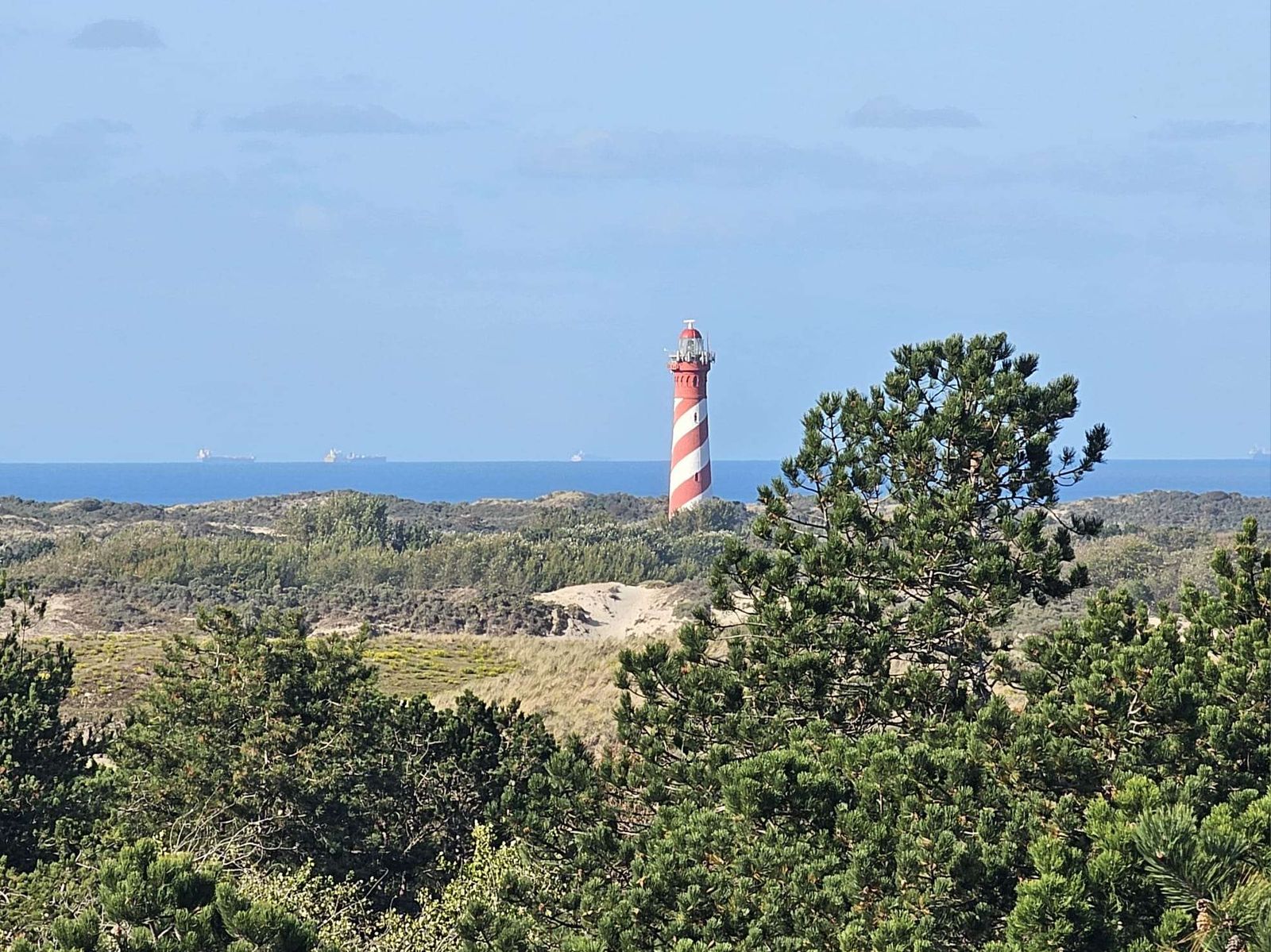 Rood-wit gestreepte vuurtoren achter duinen, met zee op de achtergrond