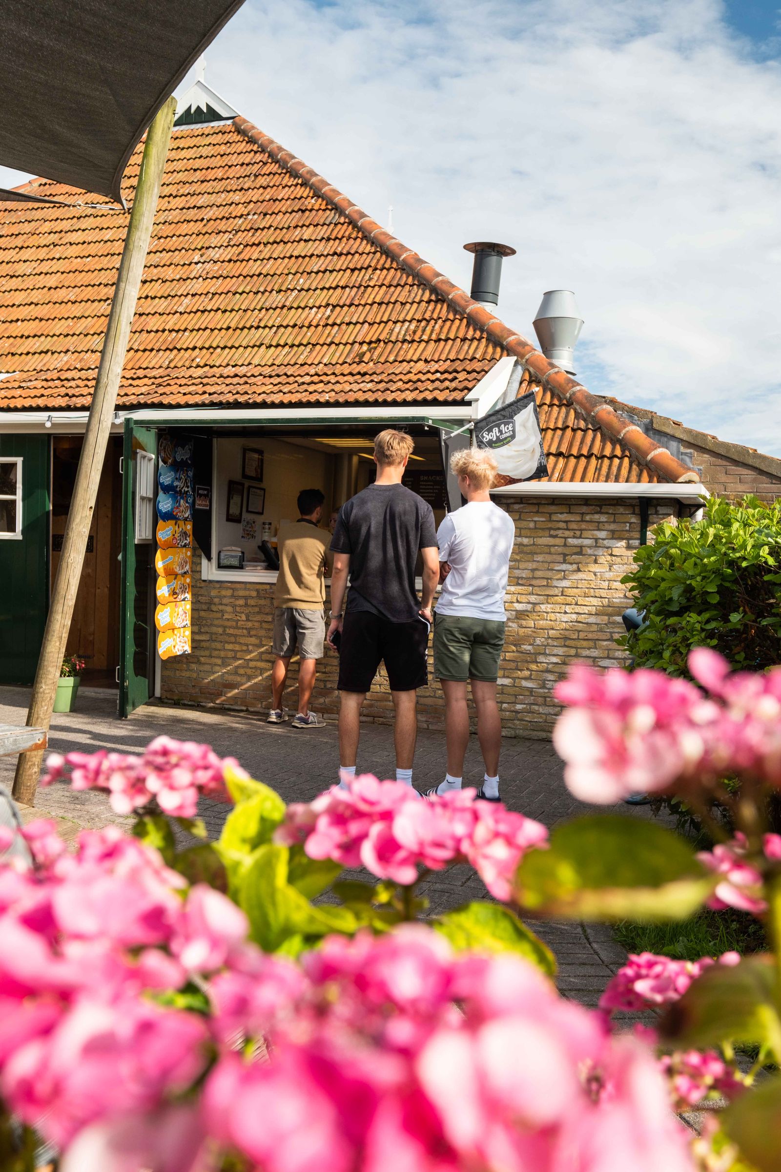 Snackcorner van Camping Cupido met bloeiende hortensia's