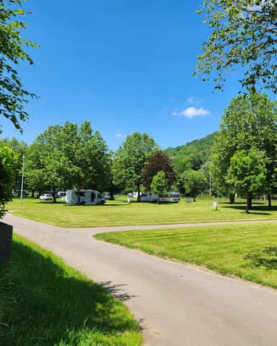 Groene campingweide met campers en bomen