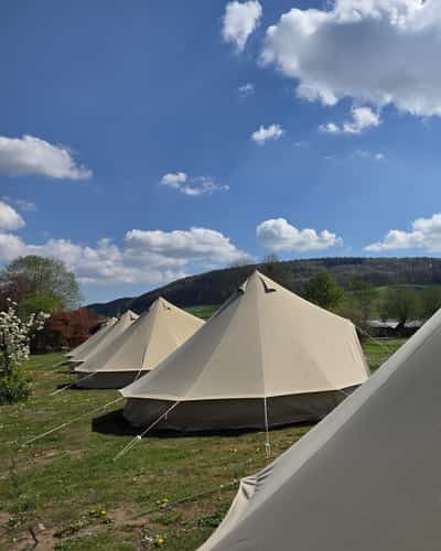 Beige glampingtenten in een groen veld