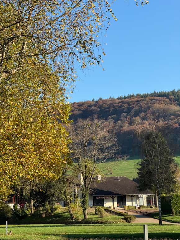 Landschapszicht met receptiegebouw tussen bomen