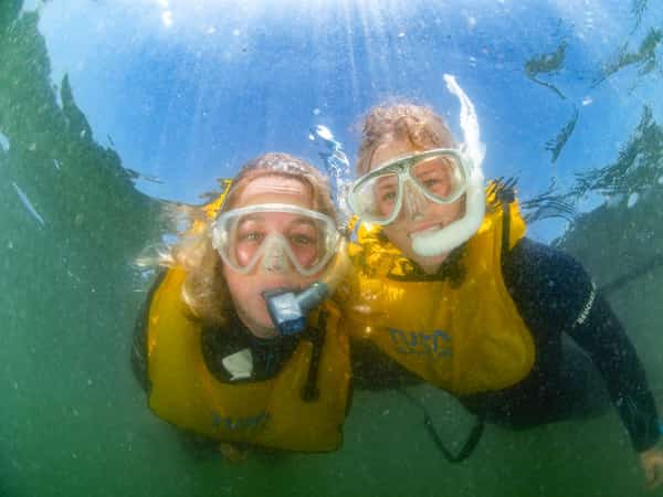 Twee snorkelaars met gele zwemvesten zwemmen onder water