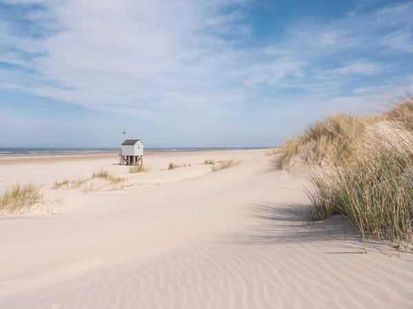 Breed Noordzeestrand met strandpaal en duinen op Terschelling