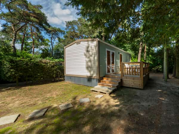 Stacaravan met houten terras in het bos
