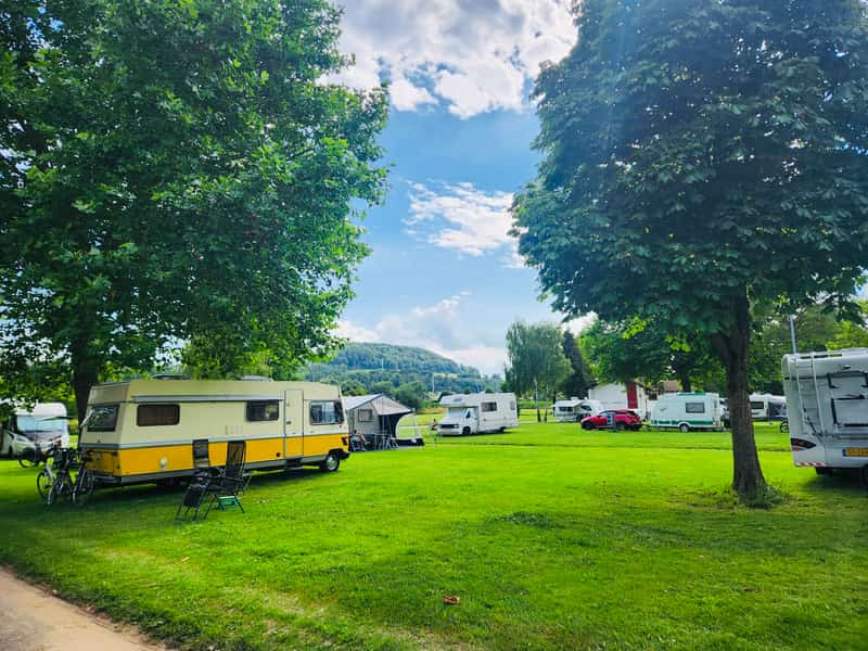 Camperplaatsen op een grasveld tussen bomen