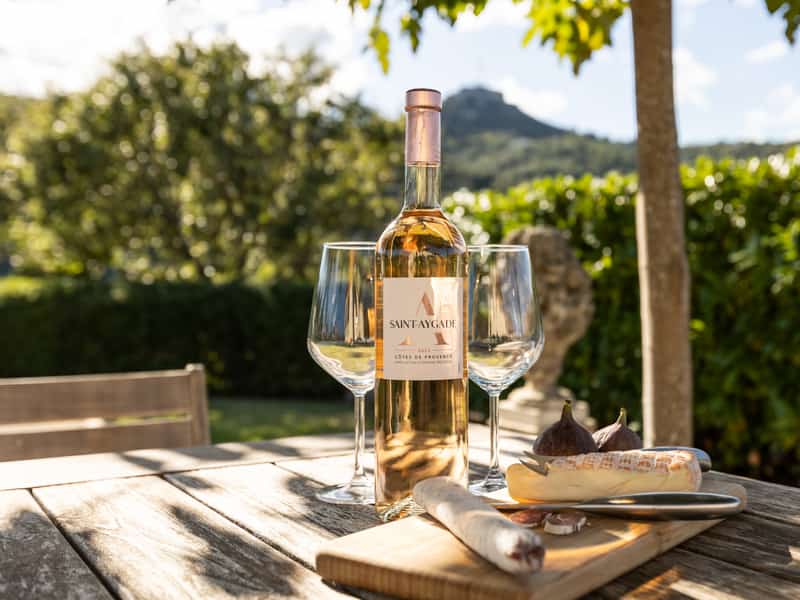 Fles rosé met twee wijnglazen op een houten tafel in de tuin